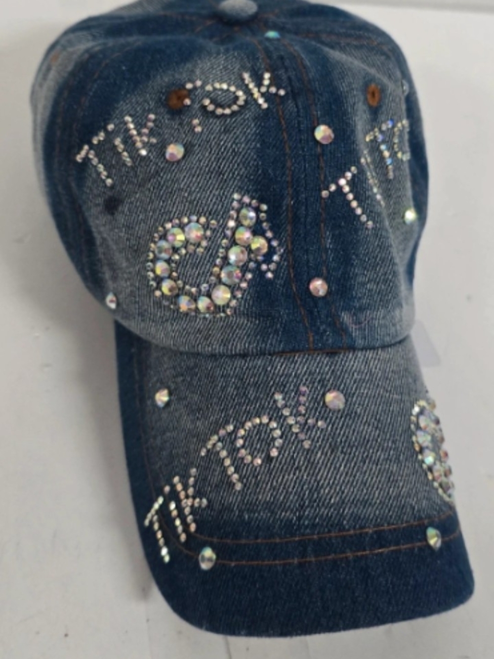 original one of a kind Sparkle Denim tik tokCap with Rhinestone TikTok Design